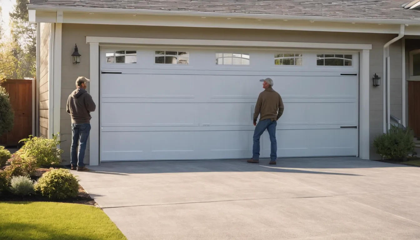 A friendly homeowner in St. Paul looking at a newly installed garage door with an installer